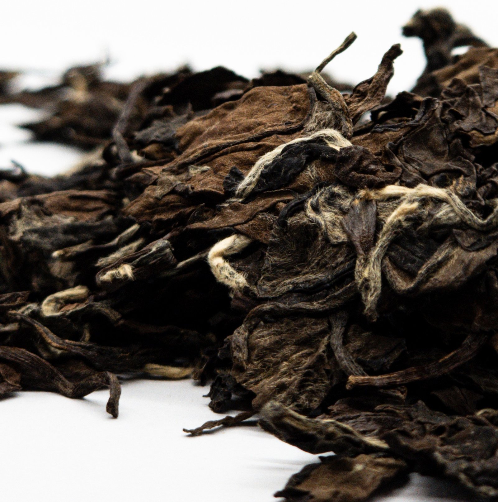 Loose dry tea leaves photographed against a pale background