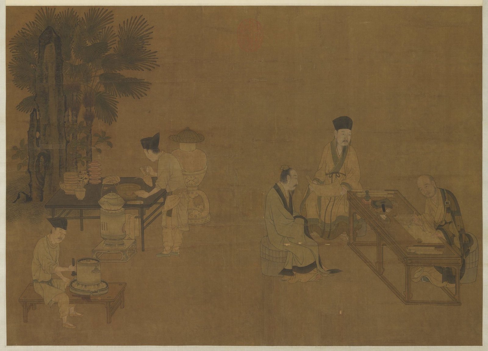 A Song painting showing attendants grinding tea and preparing it with a bowl, pitcher and whisk