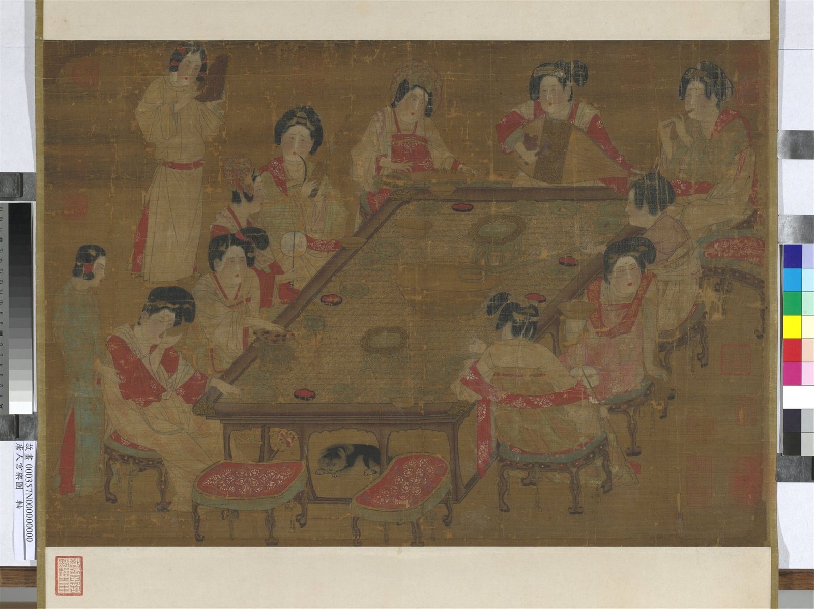Court women seated around a large table with bowls and serving vessels in a Tang-style painting