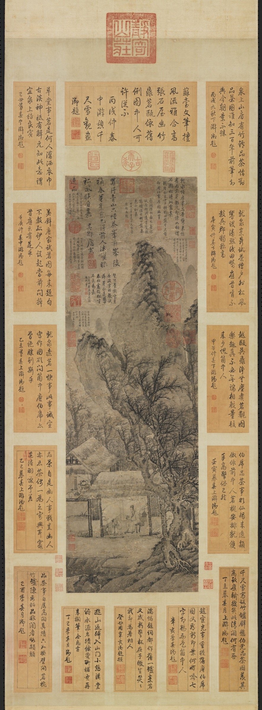 Tang Yin’s vertical painting Tasting Tea with later inscriptions surrounding a winter tea scene